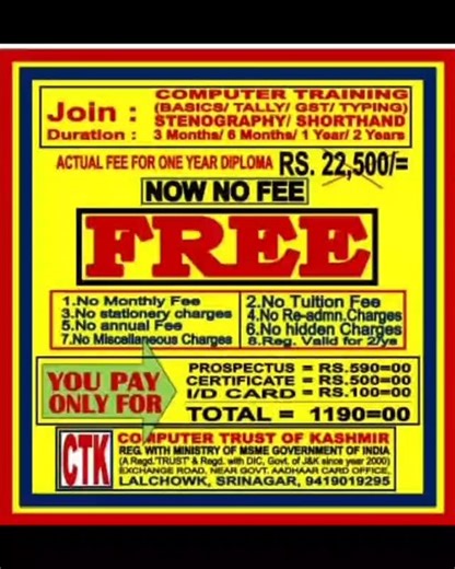 𝐊𝐀𝐒𝐇𝐌𝐈𝐑 𝐔𝐍𝐈𝐕𝐄𝐑𝐒𝐈𝐓𝐘 STUDENTS INFORMATION and Promotion on Instagram: "INFORMATION REGARDING ADMISSION (w.e.f 01/12/2025) If you want to join Computer Training or Stenography then please bring alongwith you the following documents: 1. Aadhar Card copy 2. 02 Photographs FEE STRUCTURE :- Actual Fee is ₹ 22,500= for 1 year But you have not to pay this Amount... You have to pay for :- Prospectus =Rs. 590/= Certificate =Rs. 500/= I/d Card =Rs. 100/= ___________________ Total chrgs=Rs.