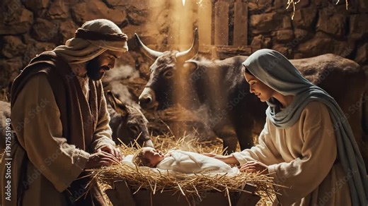 Man and woman caring for infant in manger with hay in rustic stable with golden light