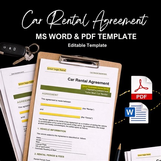 Car Rental Agreement Template | Editable MS Word & PDF - Etsy