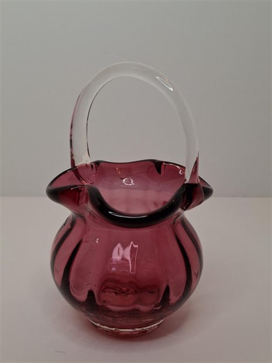 Hand-blown Cranberry Glass Basket Clear Applied Handle - Possible Pilgrim Glass - Etsy
