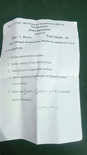 M.Sc 4th sem mathematics mid term exam fluid dynamics question paper | #shorts #msc