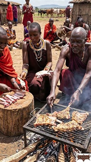 So Real! Maasai Tribe Cooking Roasted Meat Over Fire 🍖🔥 | Primitive African BBQ