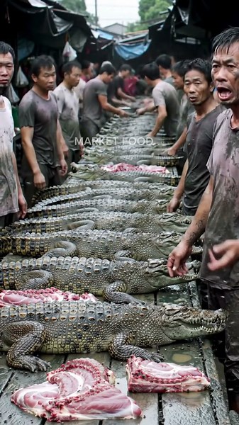 Inside a Traditional Asian Market – Crocodile Meat on Wet Wooden Tables for Sale”