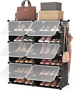 ROJASOP 6-Tier 24-Pair Expandable Shoe Rack Organizer with 2 Hooks, Black