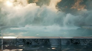 Steam rising off the surface of a hot tub creating a dreamy ethereal atmosphere.