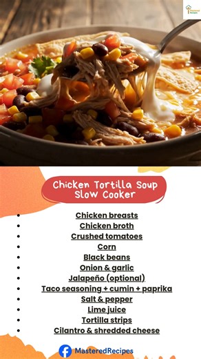 Slow Cooker Chicken Tortilla Soup — the easiest cozy comfort meal! Just add everything, walk away, and come home to a rich, flavorful bowl loaded with tender chicken, corn, black beans & crunchy tortilla strips. Perfect for busy days, meal prep, or healthy weeknight dinners. Who else loves slow cooker recipes? Save this for later & try it this week! | Mastered Recipes