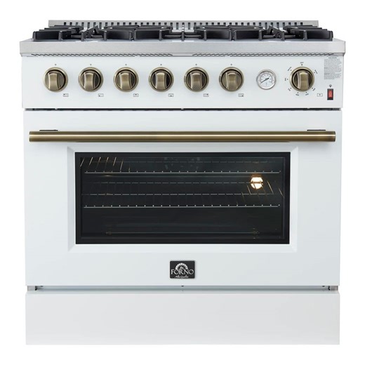 Check The Home Depot's Q&A Before Buying: Forno Marco 36-in. Gas Range White and Antique Brass, 6 Burners 67,000 BTU, 5.36 cu. ft. Convection Oven