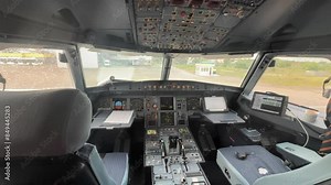 The cockpit with the aircraft control panel. The view from the inside. Stock Video