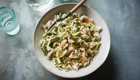 Orzo pasta salad with feta, prawns and lemon recipe