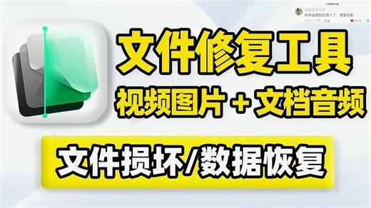 文件数据修复！视频图片文档音频修复，解决文件无法打开、弹窗报错、内容缺失、黑屏花屏、没有声音、噪音、模糊等数据损坏问题！支持照片增强、图片上色、视频画质补帧增
