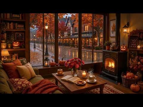 Mystic Halloween Autumn Café 🍂 Smooth Jazz Piano, Rain Sounds & Fireplace Glow for Deep Relaxation
