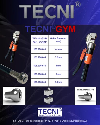 TECNI® GYM ball shank sizing guide. Use this chart to match the correct ball shank to your stainless steel cable diameter, ensuring a secure and professional swage every time. | TECNI Ltd