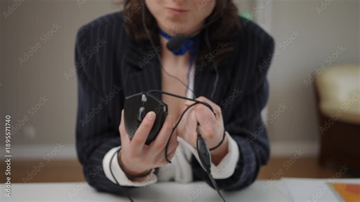 Anxious young woman gamer clenching her hands, gripping a wired computer mouse. The female content creator is tangled in wires at her desk