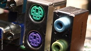 Detail of Keyboard and Mouse PS2 Port and Jack Audio on a PC Motherboard. 4K UHD Video