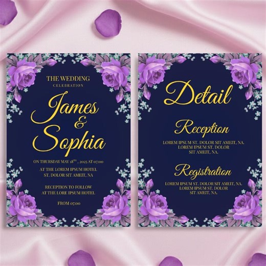 Navy Wedding Invitation Template, Blue Roses Navy Flowers Invite, Editable Canva Wedding Invite, Navy and Gold Printable, Instant Download - Etsy