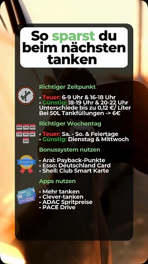 🚗💡 Clever tanken und sparen leicht gemacht! Folge @finanzf1t , um keine Tipps mehr zu verpassen, wie du in deinem Alltag bares Geld sparen kannst! 🌟 Mit diesen einfachen Tricks wie der richtigen Uhrzeit, dem passenden Wochentag und Bonusprogrammen senkst du deine Tankkosten spürbar. ⛽ Unterschiedliche Apps helfen dir dabei, die besten Preise zu finden. Starte jetzt und mach den Unterschied! 🚀 #tankentipps #geldsparen #finanzenimgriff #finanzf1t #clevertanken | Finanzfit GmbH