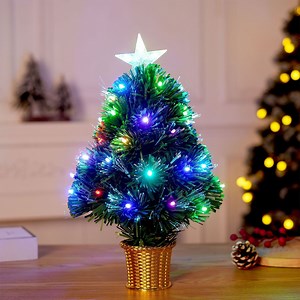 Opuehuo Pre-lit Mini Fiber Optic Artificial Christmas Tree with Lights,USB Powered Small Christmas Trees,Tabletop Small Xmas tree with Stars For Home Office Party Decorations(17.7",B)