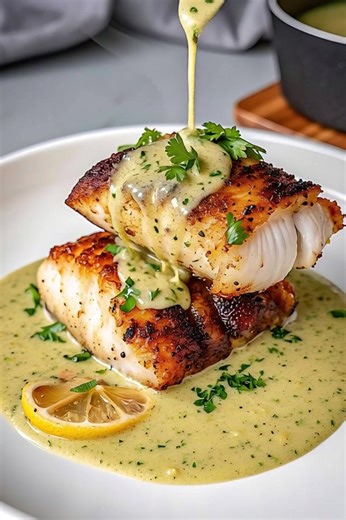 **Pan-Seared Cod with Creamy Lemon Herb Sauce** **Ingredients:** **For the Fish:** * 2 cod fillets * 1 tbsp olive oil * 1 tbsp butter * Salt & black pepper * 1/2 tsp garlic powder * 1/2 tsp paprika **For the Lemon Herb Sauce:** * 2 tbsp butter * 2 garlic cloves, minced * 1 cup heavy cream * 1/2 cup chicken broth * Juice of 1/2 lemon * 1 tsp lemon zest * 1 tbsp fresh parsley, chopped * Salt & pepper **Instructions:** 1. Season cod with salt, pepper, garlic powder, and paprika. 2. Heat olive oil a