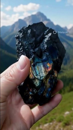 Massive raw labradorite gemstone rock emerging from dark volcanic stone