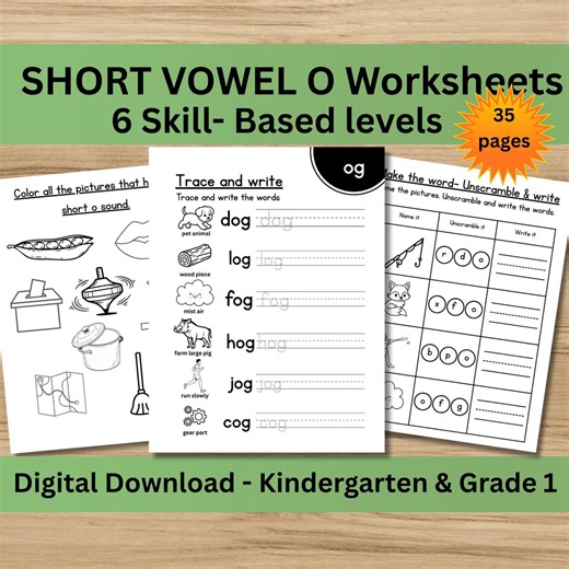 Short Vowel O Worksheets | Phonics Worksheets Kindergarten | CVC Words | Reading & Writing Practice | Printable PDF