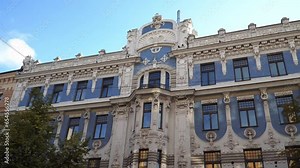 Art of Jugendstil architecture in a historical building facade. Discover an exceptional Art Nouveau masterpiece in Riga, Latvia. This Jugendstil gem showcases Europe's finest architectural heritage.