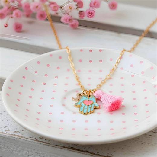 Hamsa Necklace: Protection Necklace, Turquoise and Pink With Tassel - Etsy Australia