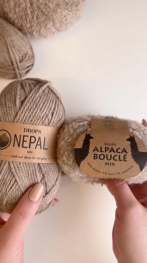 Looking for a soft and extra plushie yarn combination? Then try working together DROPS Alpaca Bouclé 2020, light beige with DROPS Nepal 0300, beige. The result is soft with a gorgeous curly texture and a knitting tension of about 10 stitches = 10 cm using 10 mm needles, which is a perfect fit for our Yarn Group E patterns. Remember however that knitting tension varies from person to person and that the suggested needle size is only a guide. You can adjust the needle size or try to get a differen