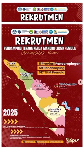 🔴 OPEN RECRUITMENT TENAGA PENDAMPING TKMP 2025 Kami membuka kesempatan bagi Anda yang memiliki semangat pemberdayaan dan dedikasi tinggi untuk bergabung sebagai Pendamping Program Swakelola Tenaga Kerja Mandiri Pemula (TKMP) Bersama Universitas Riau, Anda akan berkontribusi mendampingi 917 TKMP di 5 provinsi untuk mewujudkan kemandirian usaha masyarakat! 📅 Timeline Rekrutmen: 🔹 14–16 Oktober 2025 — Proses Rekrutmen 🔹 15 Oktober 2025 — Sosialisasi Program 🔹 17 Oktober 2025 — Pengumuman Hasil