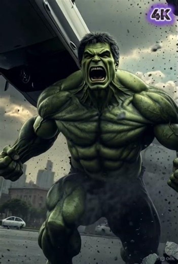 The Hulk explodes through a shattered concrete wall, muscles flexing as dust.
