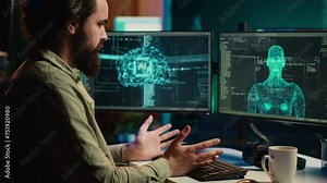 Sentient AI gains humanoid form inside computer, waving hand, greeting its creator. Self aware artificial intelligence saluting programmer after becoming autonomous and achieving singularity, camera A