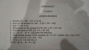 WORKSHEET CLASS 5 LESSON BODMAS 1. Simplify 25 - [ 20 - \{ 10... | Filo