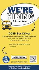 27 shares | Now Hiring CCSD Bus Drivers! We're hiring passionate bus drivers to ensure safe journeys for our students. Enjoy comprehensive benefits and competitive wages while making a meaningful impact every day. Apply now and be part of our team! https://camdencityschools.org/about/divisions/careers/ | Camden City School District | Facebook
