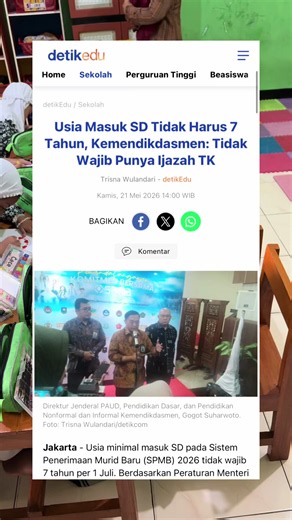 Jakarta - Usia minimal masuk SD pada Sistem Penerimaan Murid Baru (SPMB) 2026 tidak wajib 7 tahun per 1 Juli. Berdasarkan Peraturan Menteri Pendidikan Dasar dan Menengah (Permendikdasmen) Nomor 3 Tahun 2025, sementara anak usia 7 tahun diprioritaskan, anak usia 6 tahun tetap dapat mendaftar SPMB. Lebih lanjut, batas usia dapat dikecualikan menajdi 5 tahun 6 bulan per 1 Juli tahun berjalan bagi calon murid yang memiliki kecerdasan dan/atau bakat istimewa serta kesiapan psikis. Hal ini harus dibuk
