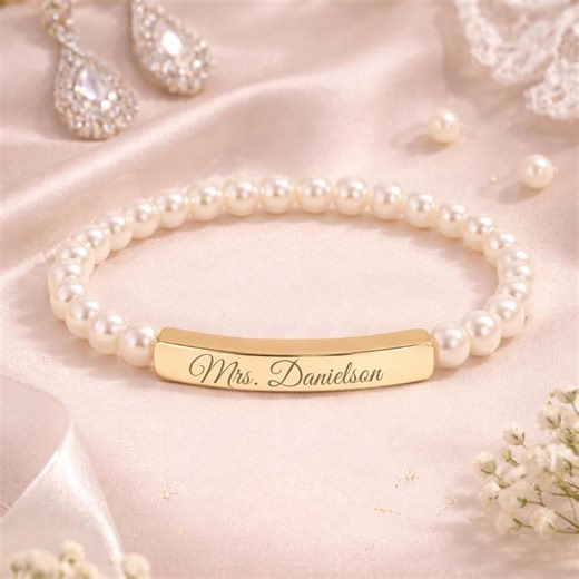 Personalized Bracelet for Bride With Name Engraved,custom Bridal Pearl Gold Bracelet for Wedding,bride Bracelet Gift,bridal Custom Jewelry - Etsy