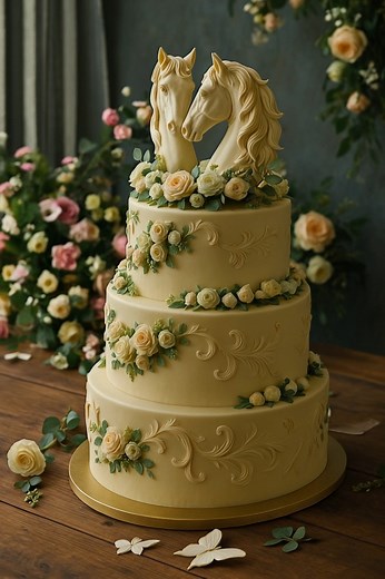 This stunning horse wedding–themed cake was created to celebrate love, elegance, and a touch of rustic charm. With intricate fondant horses, delicate sugar florals, and tiers that capture the spirit of countryside romance, it’s the ultimate centerpiece for any equestrian-inspired wedding. From the handcrafted details of the bridled pair on top, to the soft, romantic color palette, every bite tells a story of partnership, loyalty, and forever love. ❤️ Whether you’re planning a barn wedding, a cou