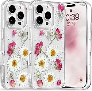 Real Dried Flower for iPhone 16 Pro Max Clear Case, Bling Glitter Cute Red Floral Pattern Slim Soft TPU Protective Women Girl's Phone Cover for iPhone 16 Pro Max 6.9 inch