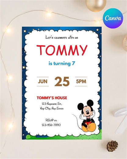 Mickey Mouse Birthday Invitation Editable, Boy Party Invite, Printable Mickey Birthday Invite, Canva Template