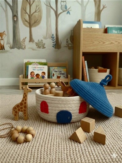 Navy Blue Mushroom Rope Basket With Lid – Cotton Toy Storage, Montessori Decor - Etsy