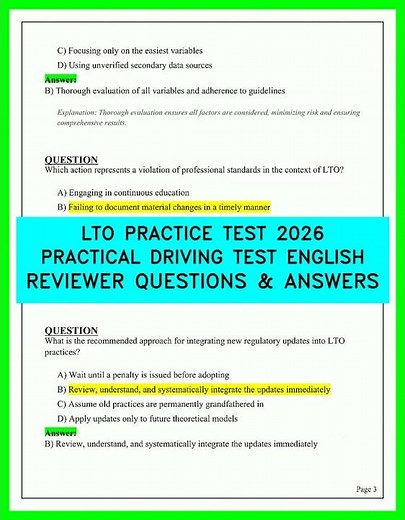 LTO PRACTICE TEST 2026 PRACTICAL DRIVING TEST ENGLISH REVIEWER QUESTIONS & ANSWERS UPDATED 2026!!