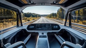 Experience the future of travel with 4K footage showcasing an autonomous vehicle's sleek interior gliding through a tree-lined road, with no driver at the wheel