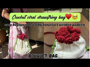 Crochet viral drawstring bag ♥️ rose bouquet bag | beginner friendly tutorial | written pattern