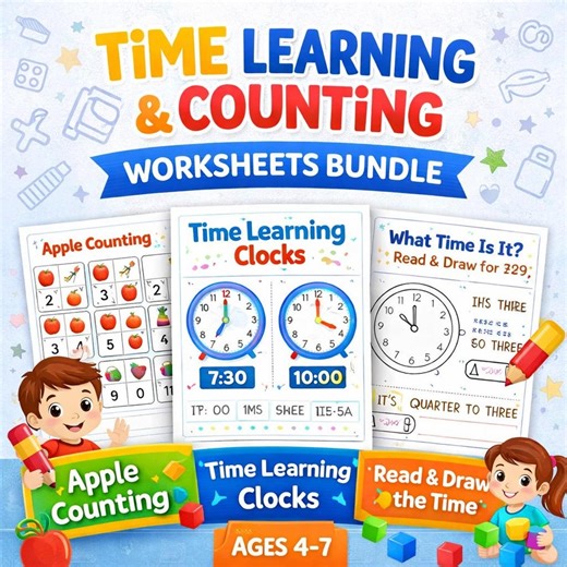 Time Learning Worksheets for Kids | Clock Reading & Counting Activities | Preschool Kindergarten Printable PDF - Etsy Canada