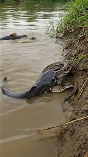 MASSIVE PYTHON vs GIANT CATFISH! 🤯 Savage River Battle! #shorts