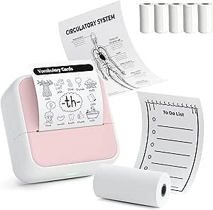 Sticker Printer - PrintPods, Inkless Mini Printer, Sticker Maker, Bluetooth Portable Thermal Printer for Phone, Study Notes, Diagrams & Photos, DIY, Kids Gift | 5 Sticky Paper Rolls (Pink)