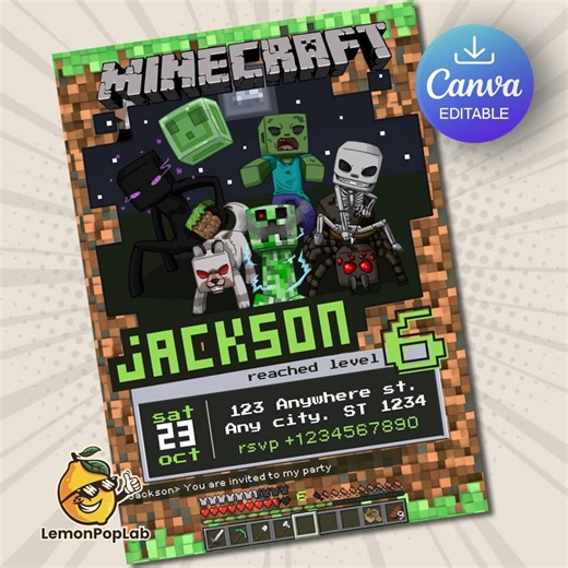 Minecraft Birthday Invitation, Birthday Invitation Minecraft Theme, Gamer Invitation, , Birthday Pritable Invitation Minecraft, Canva Invite - Etsy