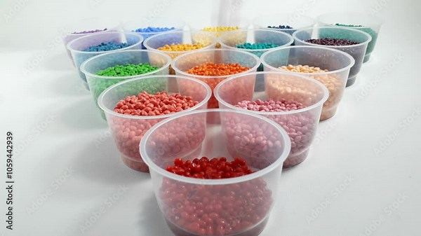Red masterbatch granules are poured into a cup among various other colors. Color pigment carrier polymers in the plastics industry