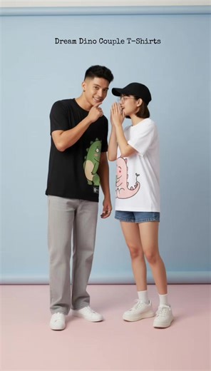 Cute Dino Couple T-Shirts - Day N' Dream Matching Tees --- Showcase your love with our adorable Day N' Dream Dino Couple T-Shirts, inspired by Proclub style! Featuring charming cartoon dinosaurs on comfy crew neck cotton fabric, these matching tees are perfect for sweet moments and make an ideal gift for you and your significant other. #CoupleShirts #DinoCouple #MatchingOutfits #CuteTees #ProclubInspired