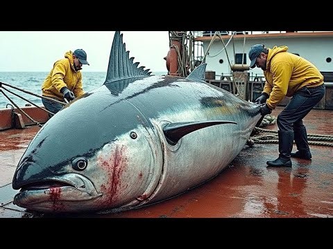 Giant Tuna Is Brutally Hunted, How To Catch Tuna With Long Line In The Ocean!