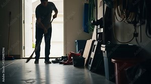 Man sweeping garage floor cleaning storage area home maintenance footage