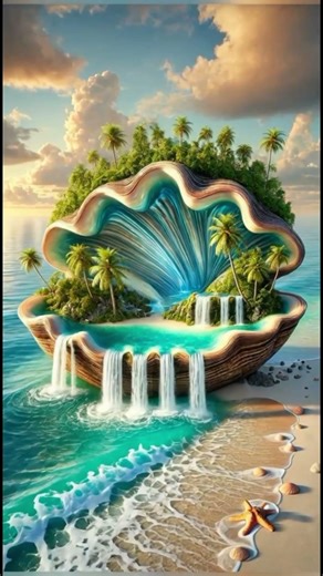 Relaxing Beach Oasis: Giant Seashell with Serene Waterfalls & Turquoise Sea